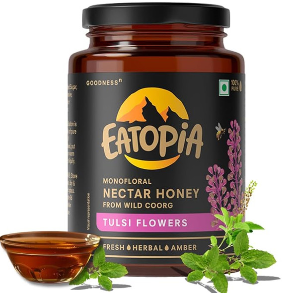 Eatopia-Tulsi Honey | Natural Ayurvedic Immunity Booster | Helps in Curing Cough & Cold | No Refined Sugar | 100% Natural & Pure Honey | Rich in Antioxidants | Monofloral Nectar Honey from Wild Coorg |500gm|1.1 lbs