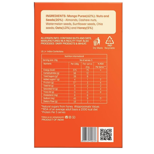 Eatopia-Mango Chia Protein Bars without Sugar | 17g Protein per 100gm | No Preservatives & Refined Sugar | Dry Fruits Energy Bars | Healthy Food | Oats, Honey, Nuts & Seeds | Fruit Bites | Pack of 2 |200gm|0.44 lbs