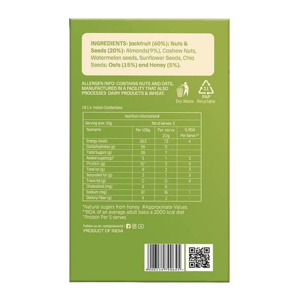 Eatopia-Jackfruit Almonds Protein Bars without Sugar | 15g Protein per 100gm | No Preservatives & Refined Sugar | Dry Fruits Energy Bars | Healthy Food | Oats, Honey, Nuts & Seeds | Fruit Bites | Pack of 2 |200gm|0.44 lbs