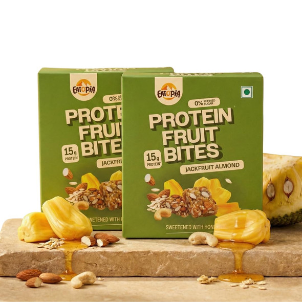 Eatopia-Jackfruit Almonds Protein Bars without Sugar | 15g Protein per 100gm | No Preservatives & Refined Sugar | Dry Fruits Energy Bars | Healthy Food | Oats, Honey, Nuts & Seeds | Fruit Bites | Pack of 2 |200gm|0.44 lbs