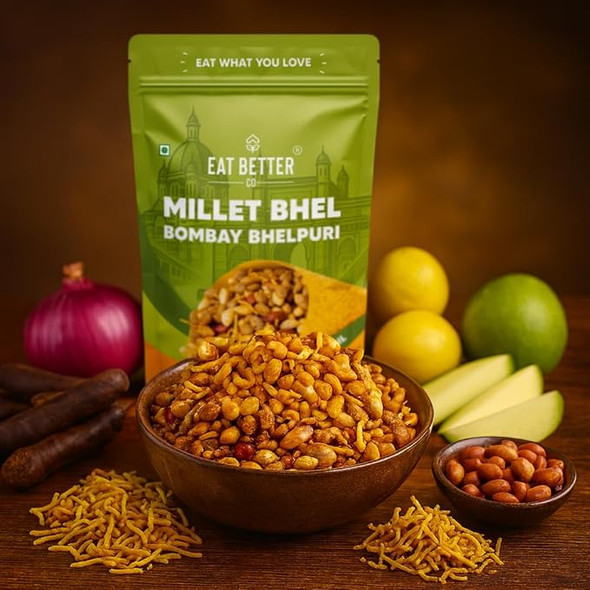EAT BETTER CO -Millet Bhel â€“ Bombay Bhelpuri | Chatpata Crunchy Healthy Snacks | Roasted Not Fried | No Palm Oil, Zero Trans Fat | Healthy Millet Namkeen|100gm|0.22 lbs