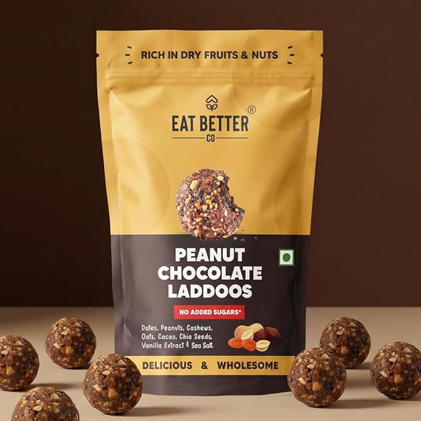 EAT BETTER CO-Peanut & Chocolate Sugar-Free Laddoos | Energy-Bar Replacement | 95% Dry-Fruits | High Protein & Instant Energy - Healthy Chocolate, No Added Sugar|40gm|0.09 lbs