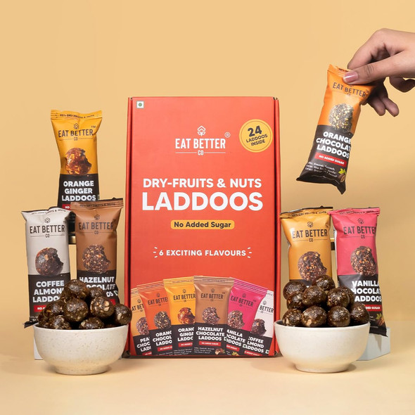 EAT Better CO-Assorted Laddoo Box-24 Laddoos in 6 Different Flavors|95% Dry Fruits|Sugar-Free|100% Natural|Energy Bar Replacement|High Protein & Instant Energy-Healthy Snacks|240gm|0.53 lbs