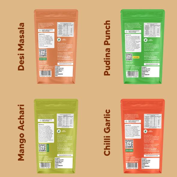 Eat Better Co â€“ Millet Namkeen Combo â€“ Four Flavours â€“ Desi Masala, Mango Achari, Pudina Punch and Chilli Garlic â€“ pack of 4 Healthy Snacks for Adults Combo|400gm|0.88 lbs
