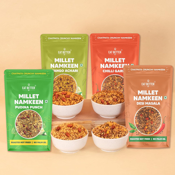 Eat Better Co â€“ Millet Namkeen Combo â€“ Four Flavours â€“ Desi Masala, Mango Achari, Pudina Punch and Chilli Garlic â€“ pack of 4 Healthy Snacks for Adults Combo|400gm|0.88 lbs