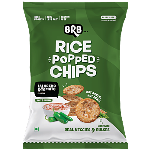BRB Rice Popped Chips | JalapeÃ±o & Tomato Flavour | Not Fried. Not Baked | High Protein | 50% Less Oil, No Palm Oil, Healthy Snack |48gm|0.11 lbs