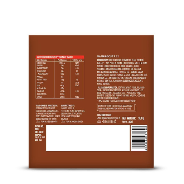 Super you Nutty Chocolate Mega Protein Wafer Bar (Pack of 6) 20G Protein, 4.8g Fibre, No Added Sugar | Yeast Fermented |Energy Bars|Crunchy Wafer Bar|100% Vegetarian|No Palm Oil|360gm|0.79 lbs