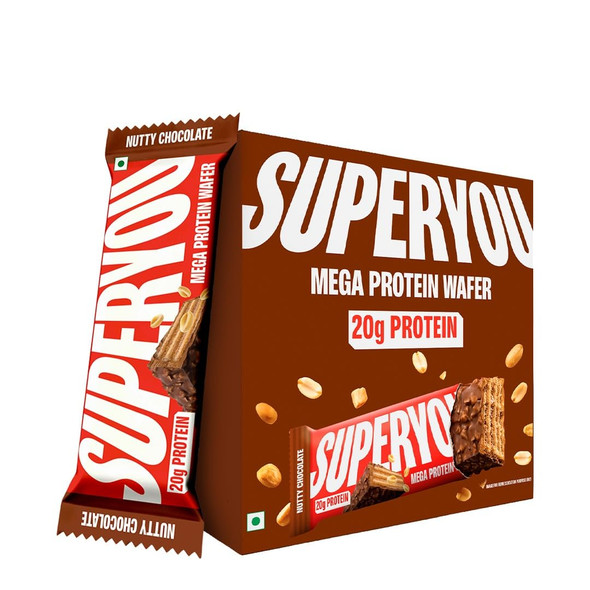 Super you Nutty Chocolate Mega Protein Wafer Bar (Pack of 6) 20G Protein, 4.8g Fibre, No Added Sugar | Yeast Fermented |Energy Bars|Crunchy Wafer Bar|100% Vegetarian|No Palm Oil|360gm|0.79 lbs