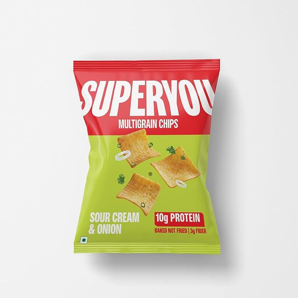 Super you Multigrain Protein Chips - Sour Cream & Onion (Pack of 1) | 10g Protein, 3g Fiber, No Added Sugar, No Palm Oil, Baked | 100% Vegetarian | Thinnest, Lightest and Healthiest Protein Snack|45gm|0.1 lbs