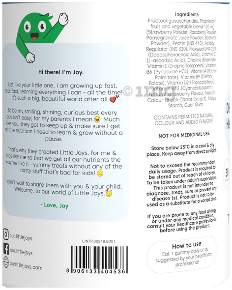 Little Joys DHA Brain Health Gummies For Kids | 7-12 years | 30 Day Pack | Improved Concentration, Mood & Sleep | Packed With 8 Vitamins & Minerals | Multivitamin Gummies For Kids With No Added Sugar |200gm|0.44 lbs