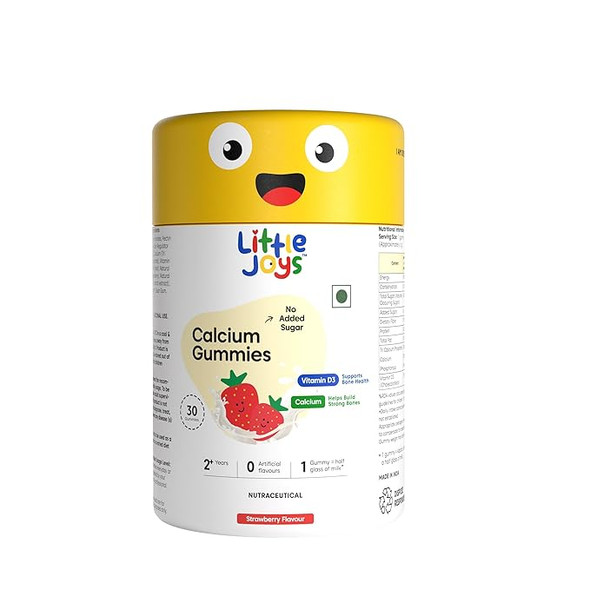 Little Joys Calcium & Vitamin D Gummies for Kids (2+ years) With No Sugar Added | For Stronger Bones, Joints, Teeth & Immunity | Strawberry Flavour | 30 Gummies |250gm|0.55 lbs