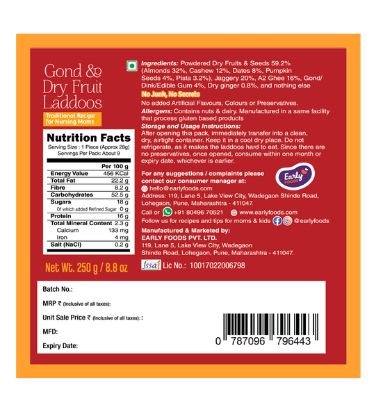 Early Foods Gond & Dry Fruit A2 Ghee Laddoos by EARLY FOODS|250gm|0.55 lbs