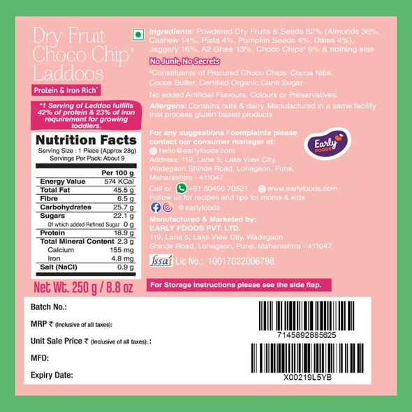 Early Foods Dry Fruit & Chocolate Chip A2 Ghee Laddoos by EARLY FOODS|250gm|0.55 lbs
