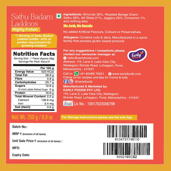 Early Foods Sathu Badam A2 Ghee Laddoos by EARLY FOODS|250gm|0.55 lbs