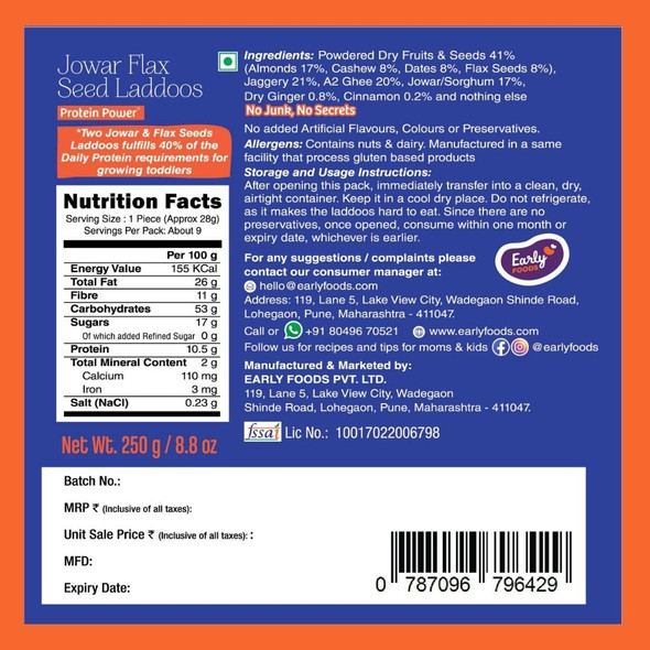 Early Foods Jowar & Flax Seeds A2 Ghee Laddoos by EARLY FOODS|250gm|0.55 lbs