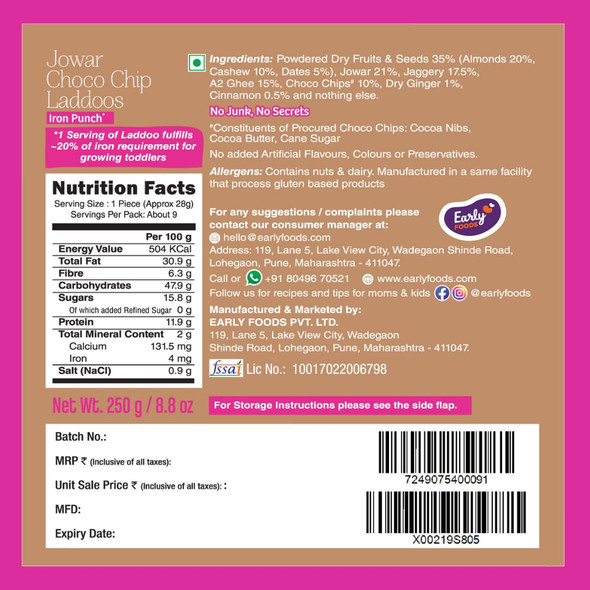 Early Foods Jowar Chocolate Chip A2 Ghee Laddoos by EARLY FOODS|250gm|0.55 lbs