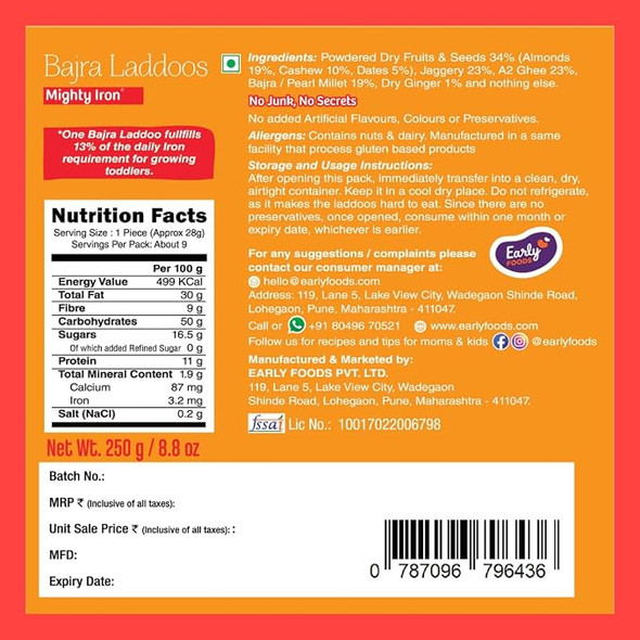 Early Foods Bajra A2 Ghee Laddoos by EARLY FOODS|250gm|0.55 lbs