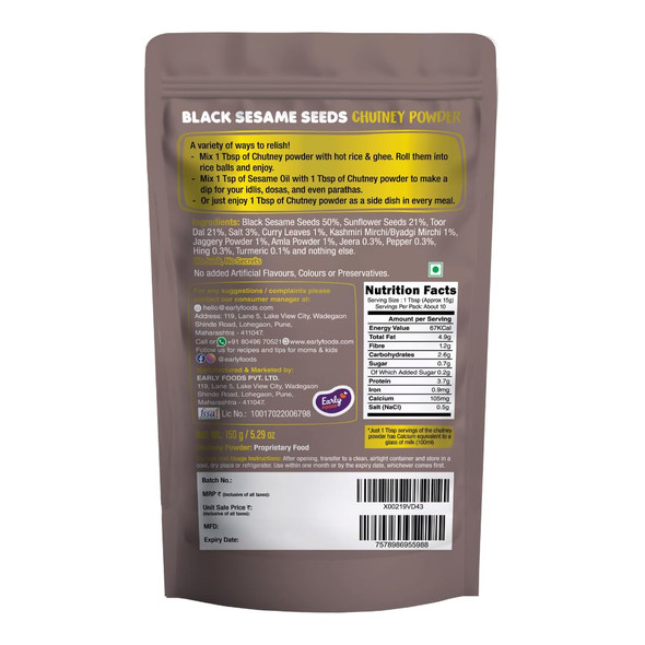 Early Foods Black Sesame Chutney Powder by EARLY FOODS|150gm|0.33 lbs