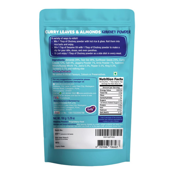 Early Foods Curry Leaves & Almonds Chutney Powder by EARLY FOODS|150gm|0.33 lbs