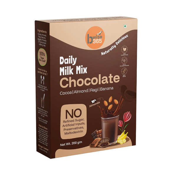 bwise365 Daily Chocolate Milk Mix - No Refined Sugar, Almond-Rich, Millet-Based with Banana, Natural, No Preservatives or Artificial Inputs by bWise365|200gm|0.44 lbs