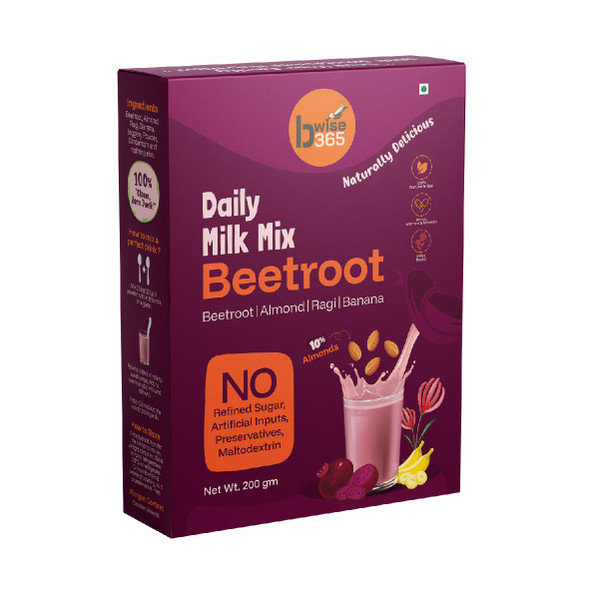 bwise365 Daily Milk Mix Beetroot - No Refined Sugar, Almond-Rich, Millet-Based with Beetroot& Banana, Natural, No Preservatives or Artificial Inputs by bWise365|200gm|0.44 lbs