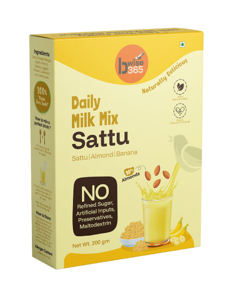 bwise365 Daily Milk Mix Sattu - No Refined Sugar, Sattu, Almond-Rich, with Banana, Natural, No Preservatives or Artificial Inputs by bWise365|200gm|0.44 lbs