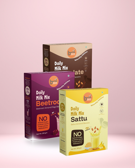 bwise365 Daily Milk Mix Sattu,Chocolate,Beetroot - No Refined Sugar, Sattu, Cocoa,Beetroot, Almond-Rich, with Banana, Natural, No Preservatives or Artificial Inputs combo of 3 by bWise365|600gm|1.32 lbs