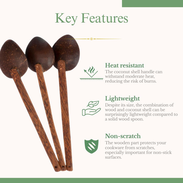 Thenga Coconut Shell Large Cooking Spoon Set | Eco-Friendly Handmade Wooden Kitchen Utensils| Set of 4 by Rural Artisans |400gm|0.88 lbs