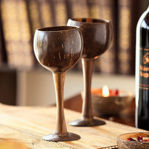 Thenga Coconut Shell & Wooden Glass Set | Eco-Friendly Handmade Drinkware | Unique Rustic | Sustainable Gift(Set of 2) |97gm|0.21 lbs