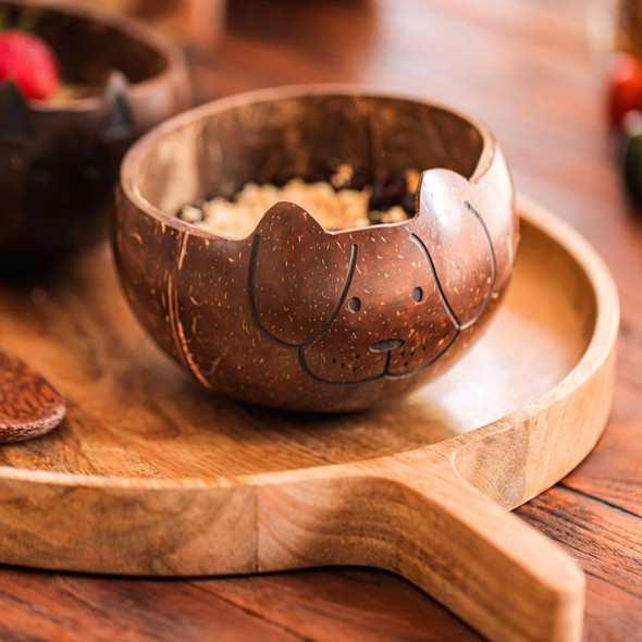 Thenga Palm Leaf Jumbo Coconut Bowl with Spoon & Fork | Eco-Friendly Handcrafted Coconut Shell | Natural Wooden Engraved Palm Leaf Design|100gm|0.22 lbs