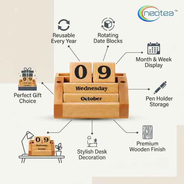 Neotea Wooden Never Ending Date Calendar- Date Changer with 5 Compartments |200gm|0.44 lbs