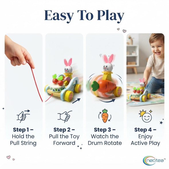 Neotea Wooden Pull Along Toy of Cute Rabbit Drumming Pull Along Car |300gm|0.66 lbs