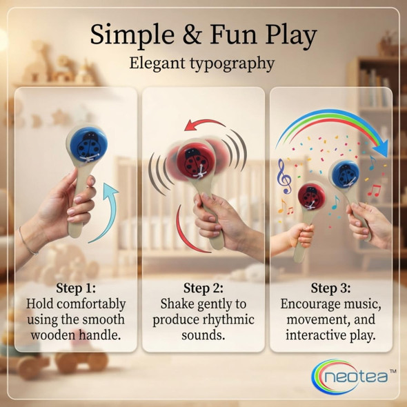 Neotea Baby Wooden Clapper Handle Clapping Rattle Pack of 2 Multicolor |100gm|0.22 lbs