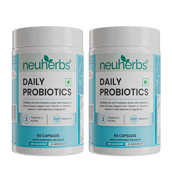Neuherbs Daily Probiotics 30 Billion CFU Supports Gut Health, Immunity & Healthy Digestion - 60 Capsules (Pack of 2) |110gm|0.24 lbs