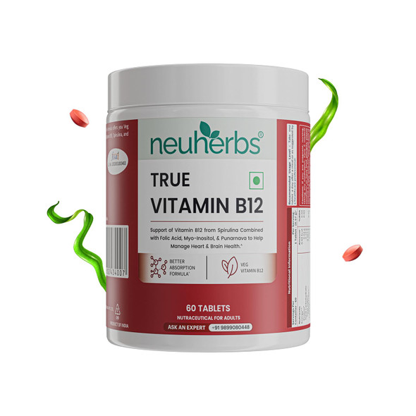 Neuherbs Plant-Based Vitamin B12 Tablets 60 Count | True VItamin B12 with Spirulina,Men & Women |60gm|0.13 lbs
