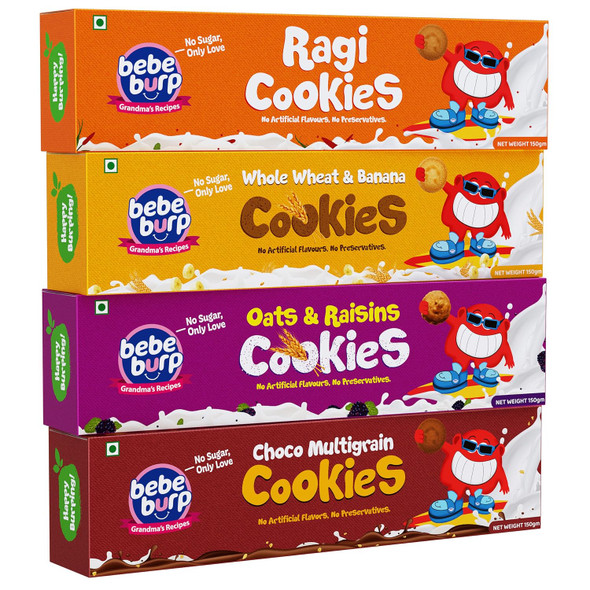 Bebe Burp Ragi, Wheat, Oats and Raisin Cookies Combo pack of 4 |600gm|1.32 lbs