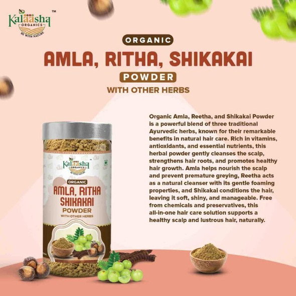 Kalaasha Organics - Organic Amla, Ritha and Shikakai Powder   |100gm|0.22 lbs