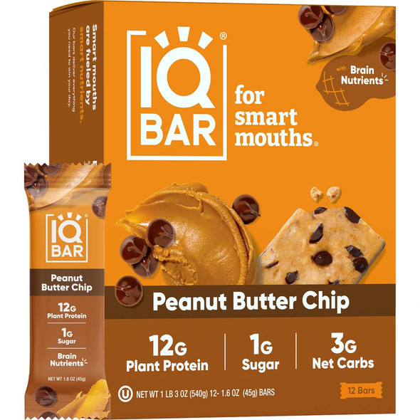 IQBAR Peanut Butter Chip | Brain + Body Keto Protein Bars - 12 Bar Pack by IQBAR|540gm|1.19 lbs