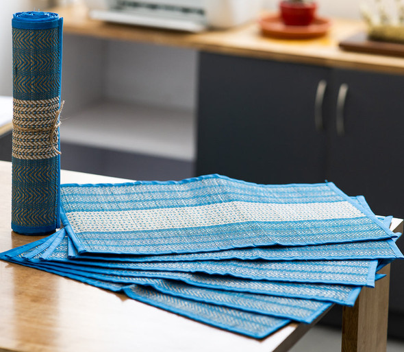 Artisan Soul  – Madur Kathi Table Mat with Runner – Blue & White | 552gm | 1.22 lbs