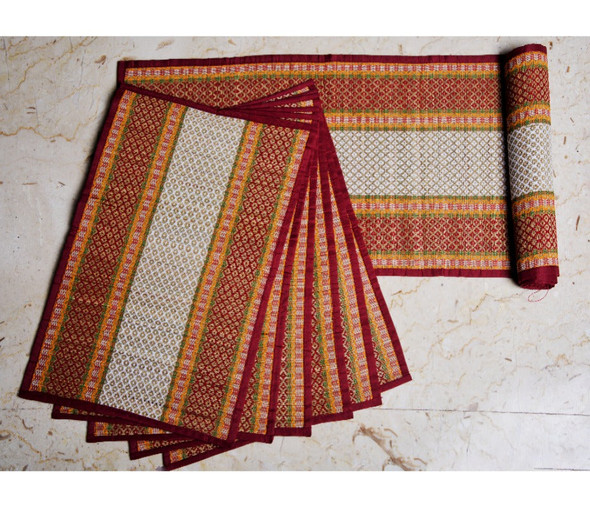 Artisan Soul  – Madur Kathi Table Mat with Runner – White & Red Borders | 552gm | 1.22 lbs