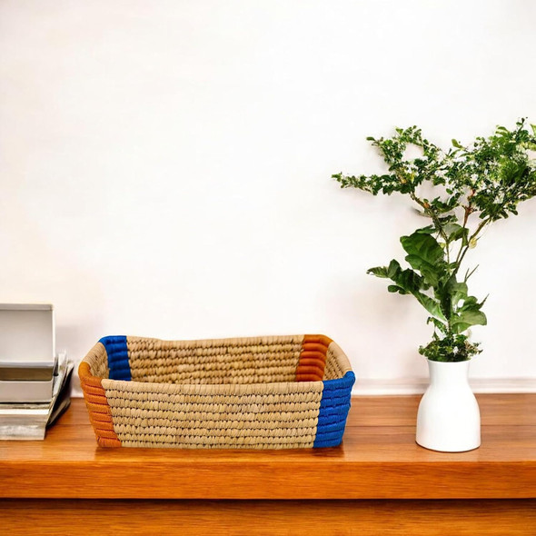 Natriel  Handwoven Sabai Grass Storage Basket Organiser, Natural with Orange and Blue Accents | 300gm | 0.66 lbs