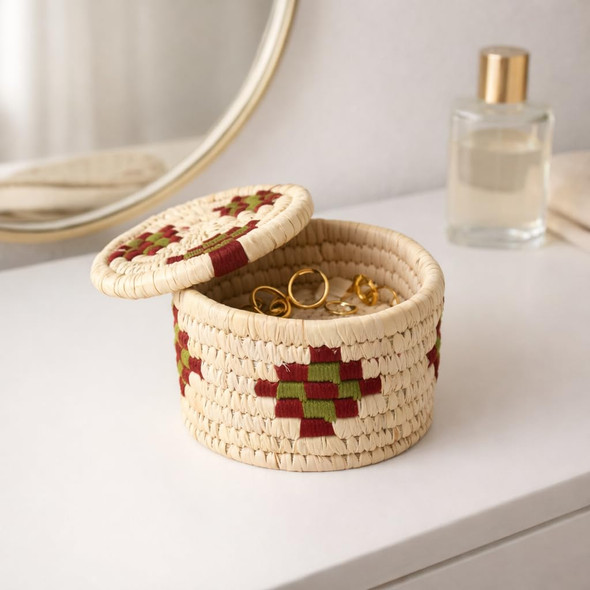 Natriel  Handwoven Sabai Grass Storage Container with Lid, Round Decorative Basket | 150gm | 0.33 lbs