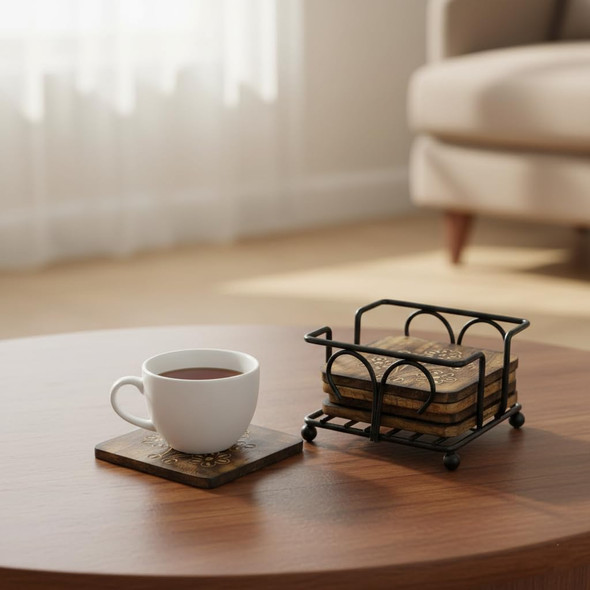 Natriel  Handmade Designer Wood Coasters Set Finish Table Decor, Serving, Home Decor Unique, Stylish, Gift Pack of 6 | 300gm | 0.66 lbs