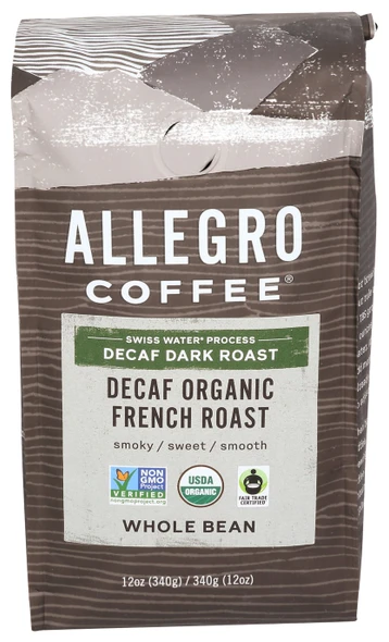 Allegro Coffee - Decaf Organic French Roast Whole Bean Coffee | 340gm | 0.75 lbs