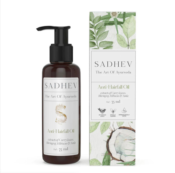 Sadhev - Anti-Hairfall Oil with Bhringraj, Curry Leaves & Hibiscus | Ayurvedic Hair Growth Oil for Hair Fall Control & Split Ends | 75ml | 2.54 oz