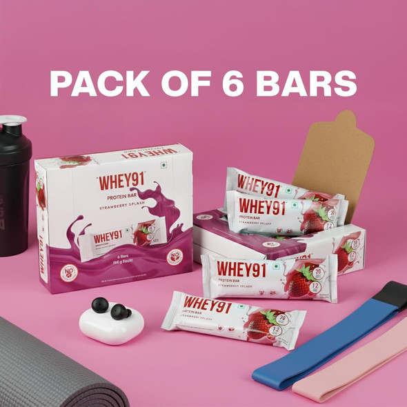 Whey91 - Strawberry Splash Protein Bar | Protein Snack for Active Lifestyles pack of 6 | 390gm | 0.86 lbs