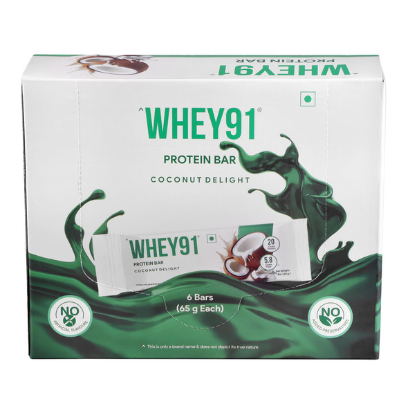 Whey91 - Coconut Delight –Protein Bar | Protein Snack for Active Lifestyles pack of 6 | 390gm | 0.86 lbs