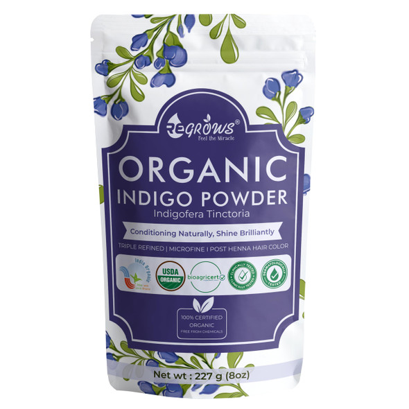 Regrows - 100% Organic Indigo Powder| Dermatologically and Clinically Lab Tested Indigo Powder | 227gm | 0.5 lbs