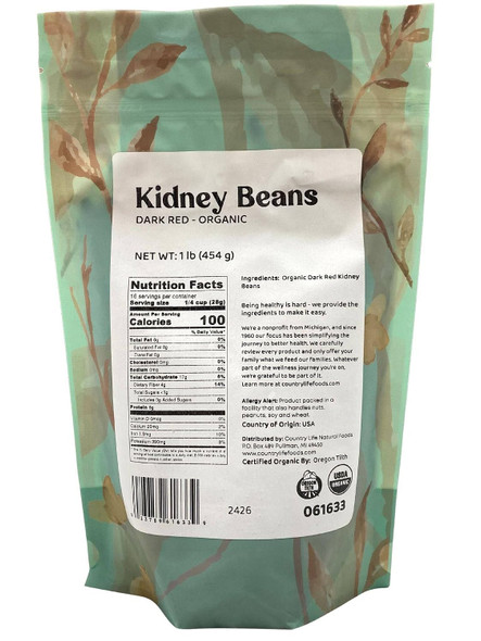 Country Life Natural Foods - Organic Dark Red Kidney Beans - Dried Kidney Beans - Rich Flavor Bold Color - Vegan Non | 454gm | 1.0 lbs