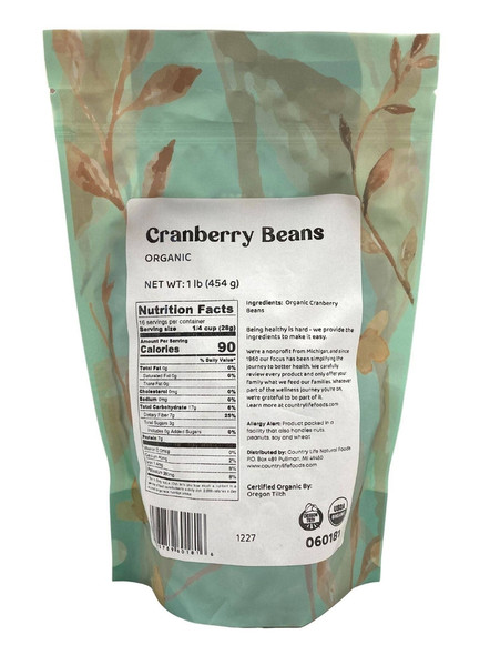 Country Life Natural Foods - Organic Cranberry Beans - Borlotti Beans - Mild Nutty Flavor Creamy Texture - Vegan | 454gm | 1.0 lbs